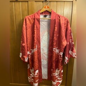 Red and White Fox Mask (Kitsune) Graphic Kimono Style Top Size L